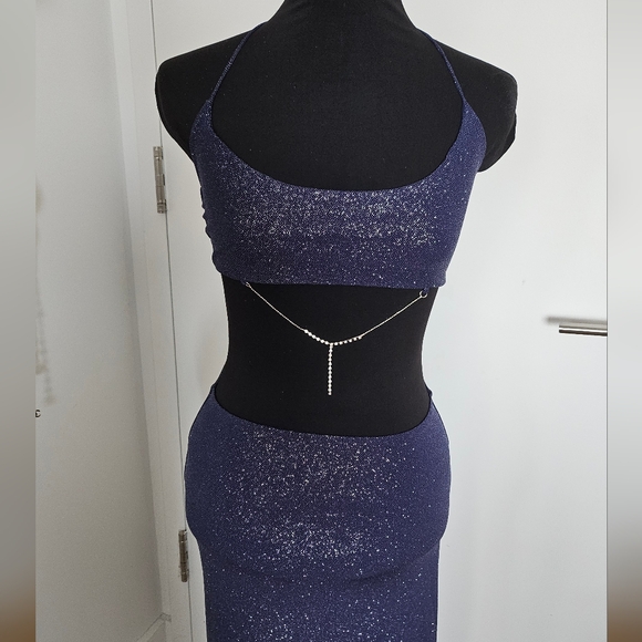 Lucy In The Sky Midnight Blue Sparkly Cutout Maxi Dress With Rhinestone Chain - Picture 4 of 11
